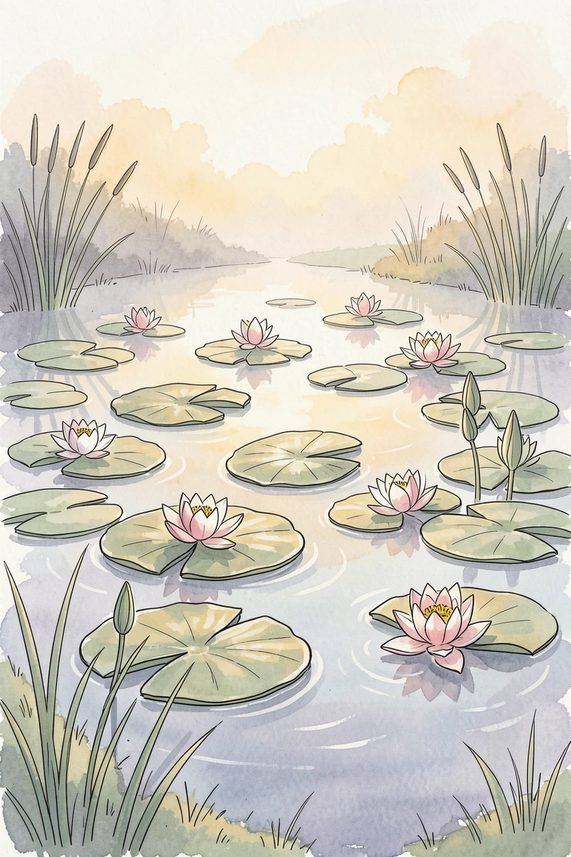 A quiet pond covered in floating water lilies at first light, a soft mist clinging to the low ground as the sun begins to rise.