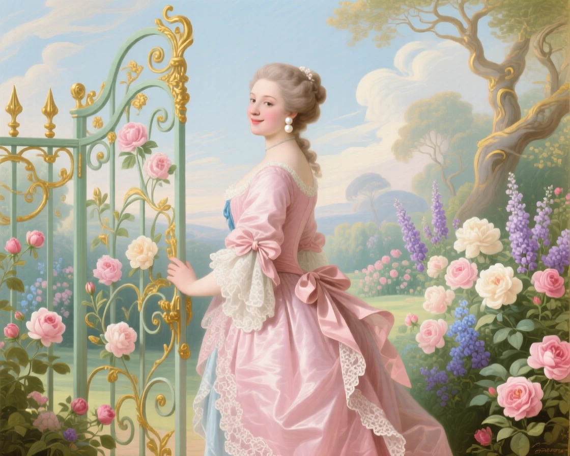 A lady with pearl earrings looking over her shoulder beside an open garden gate  