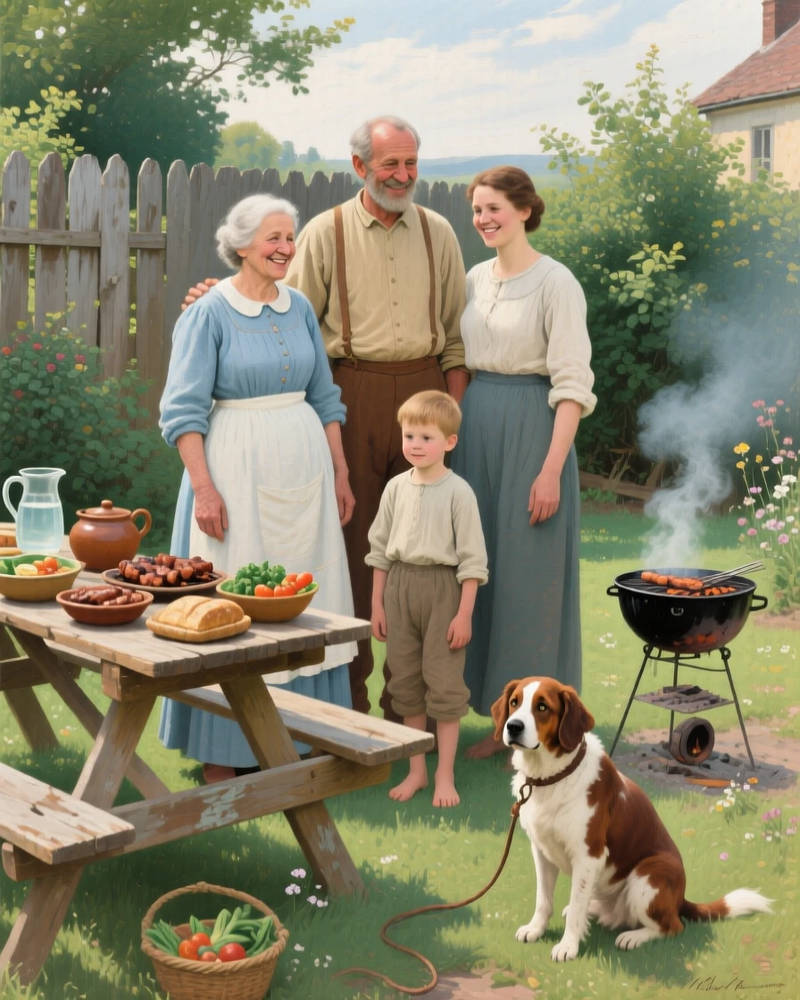 A multigenerational family posing for a photo at a backyard barbecue, with a beloved family pet joining in the moment, designed to remind viewers of their own cherished family memories