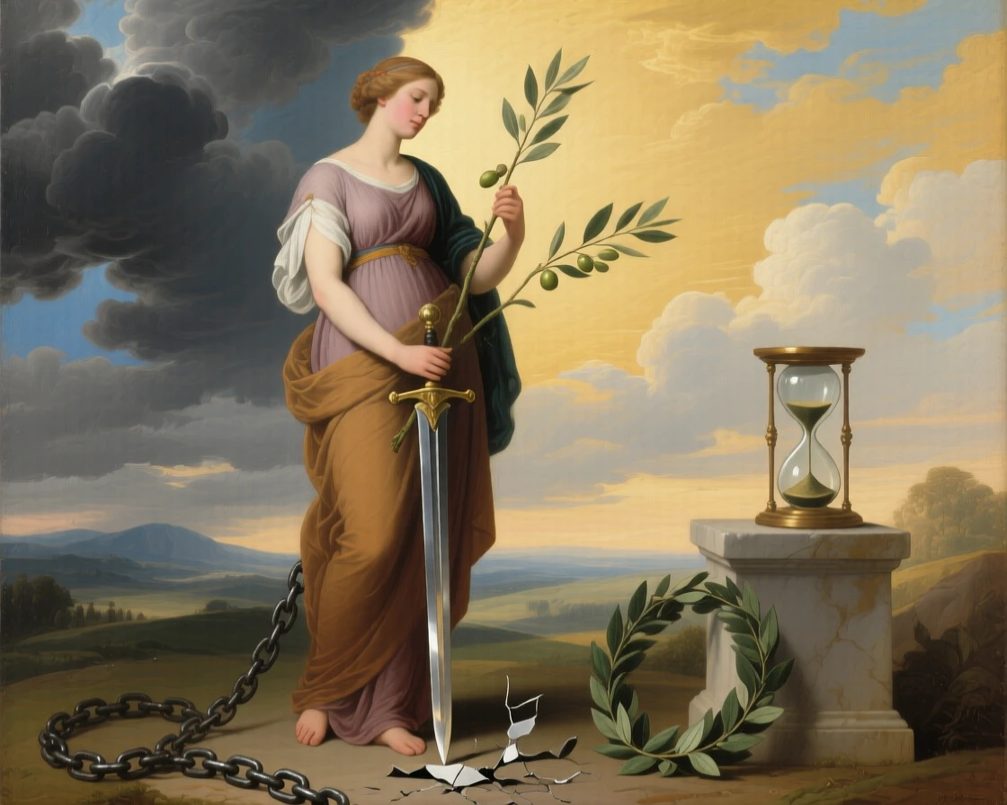 The allegory of Peace breaking a sword over an olive branch as light and shadow embody opposing truths, set beneath a sky divided between storm and radiant light, with symbolic objects such as a broken chain, an hourglass, or a laurel wreath placed with quiet intention; radiating light from the central figure draws every eye inward, capturing the eternal struggle between light and shadow.
