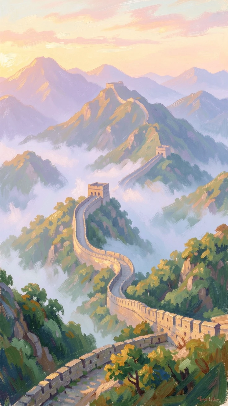 The Great Wall of China winding across misty green mountains at dawn.