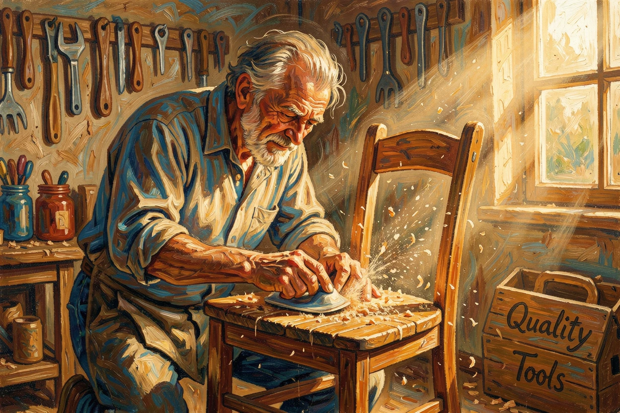 An old carpenter sanding a wooden chair in his workshop, sawdust catching the light.