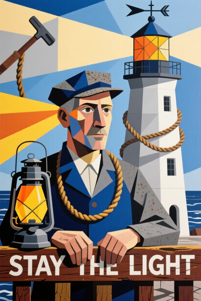 A medium shot portrait of a lighthouse keeper surrounded by the tools of the trade, focused and content in the craft.