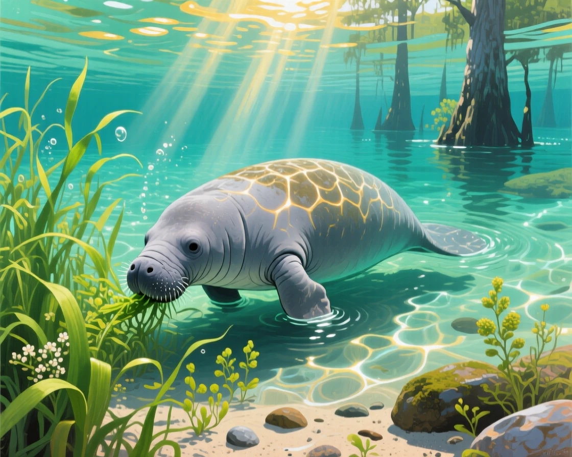 A gentle manatee grazes on seagrass in the crystal-clear springs of Florida, sunlight filtering down through the clear freshwater above, the surrounding habitat rendered in enough detail to suggest a specific time and place.