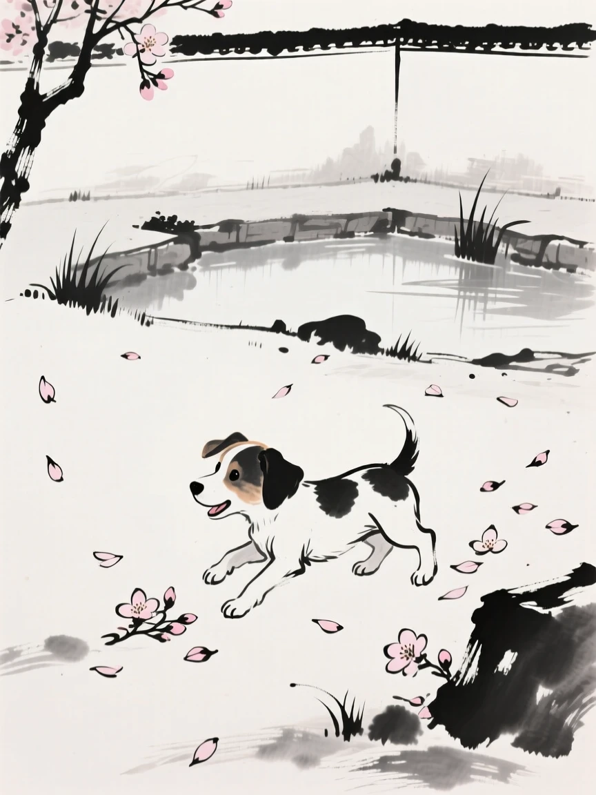A puppy plays among fallen blossoms in a garden, beside a small pond in a walled garden.