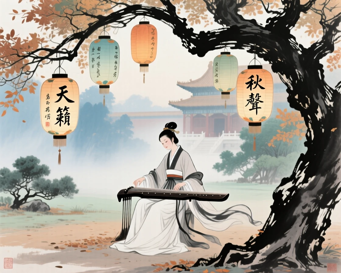 A court musician performing beneath painted lanterns in a palace garden, as morning mist begins to lift, in late autumn.