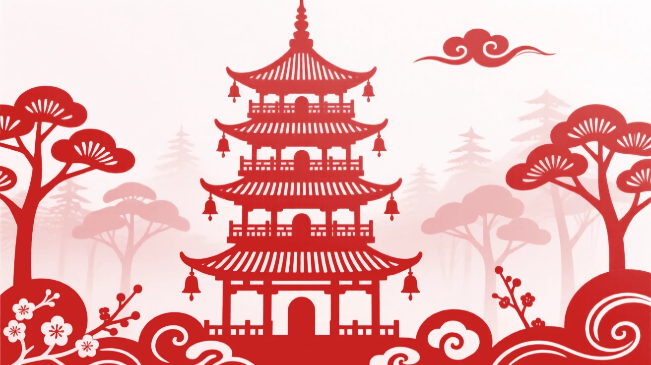 A multi-tiered pagoda rising above a misty forest, each level ringed with small bells that catch the wind