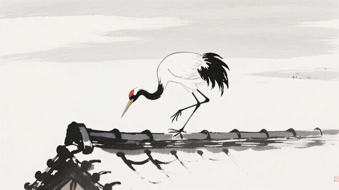 A crane landing gently on a rooftop tile against a pale, empty winter sky, framed against a wide expanse of open sky, suggesting renewal and the gentle passage of seasons.
