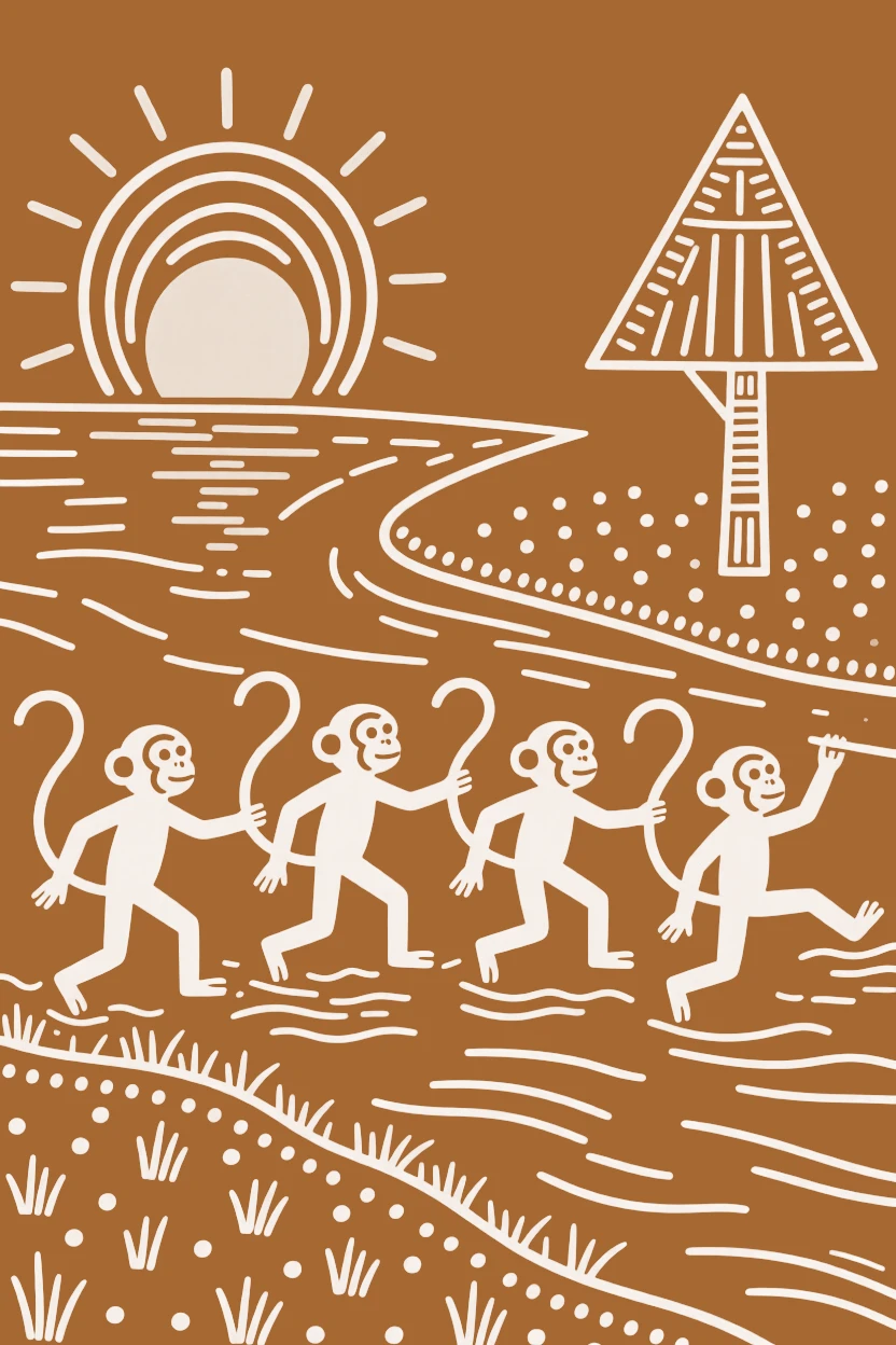 A group of monkeys crossing a wide river at dawn.