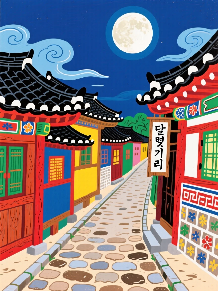 A view of a row of traditional tiled-roof houses along a narrow street, beneath a full moon.