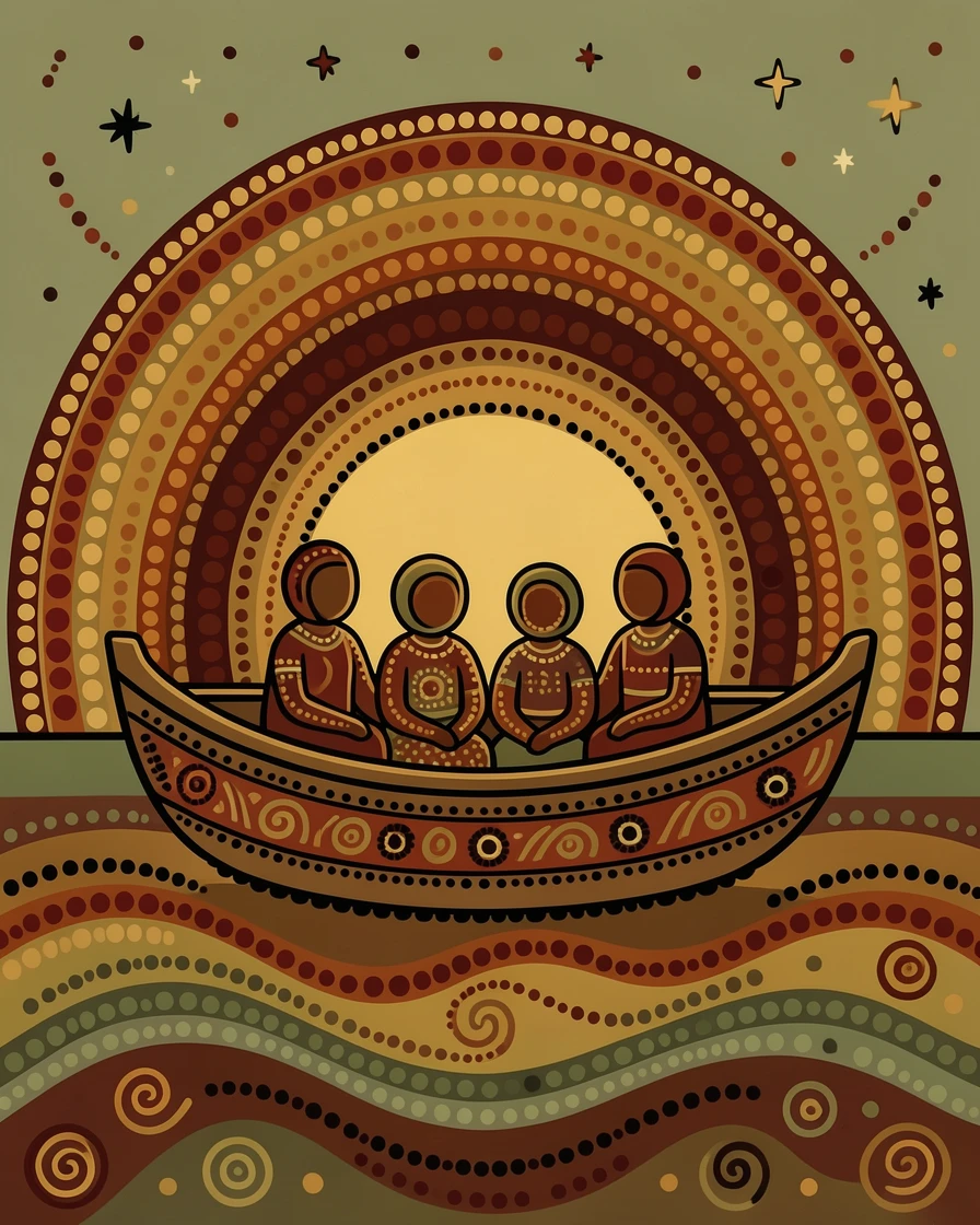 A family sailing a small wooden boat at sunset