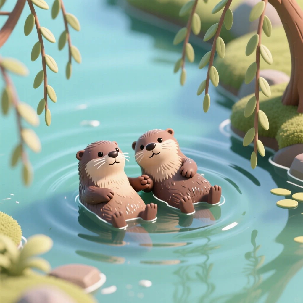 A pair of otters floating on their backs holding paws, drifting gently down a calm river surrounded by overhanging willow branches.