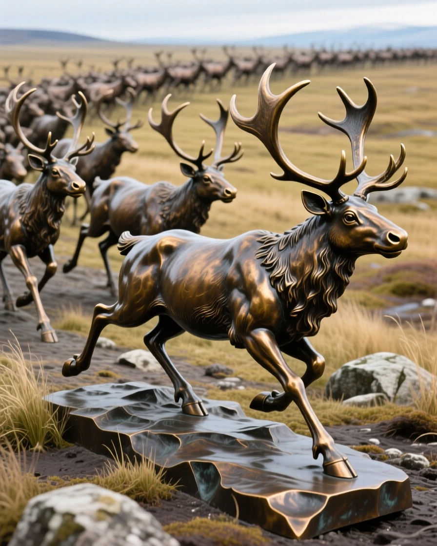 A herd of caribou migrating across the tundra, in a moment of raw, untamed beauty, evoking wonder and majesty