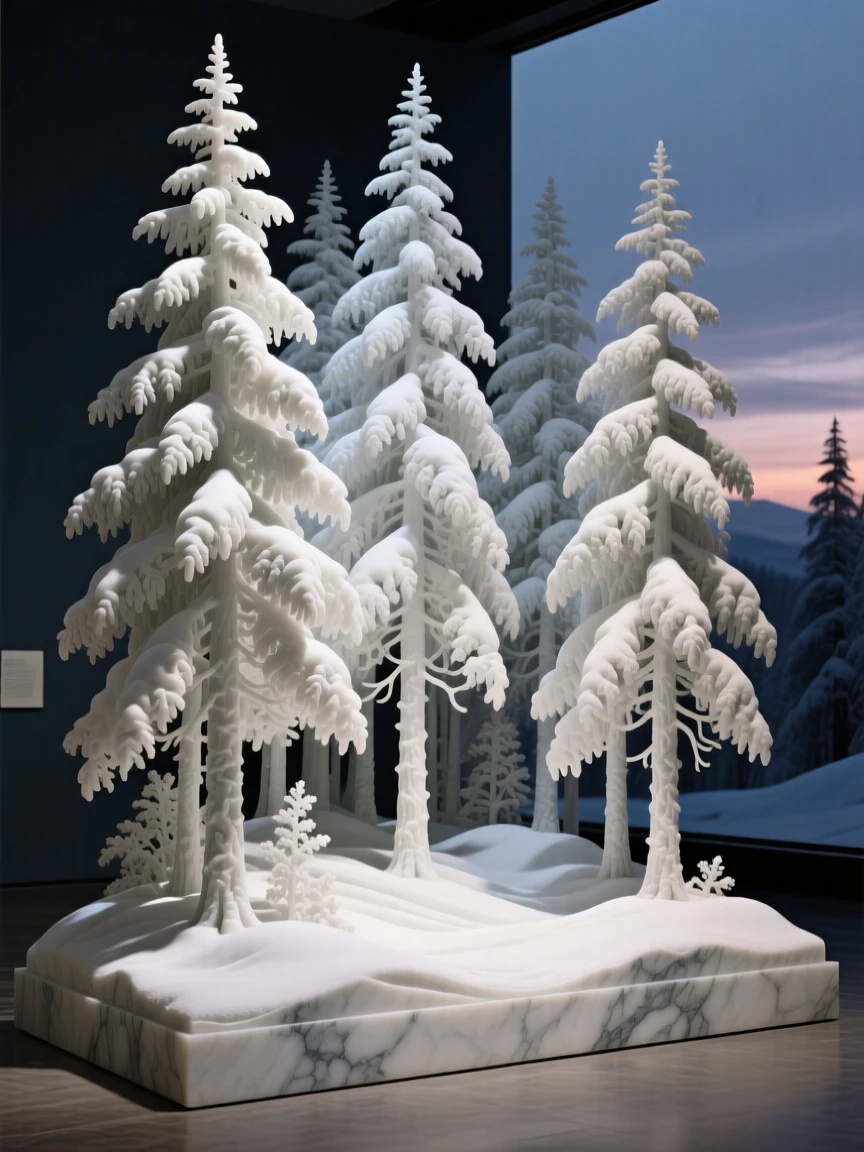 A breathtaking view of a snow-covered pine forest at twilight, rich with color and atmosphere, evoking peace and wonder