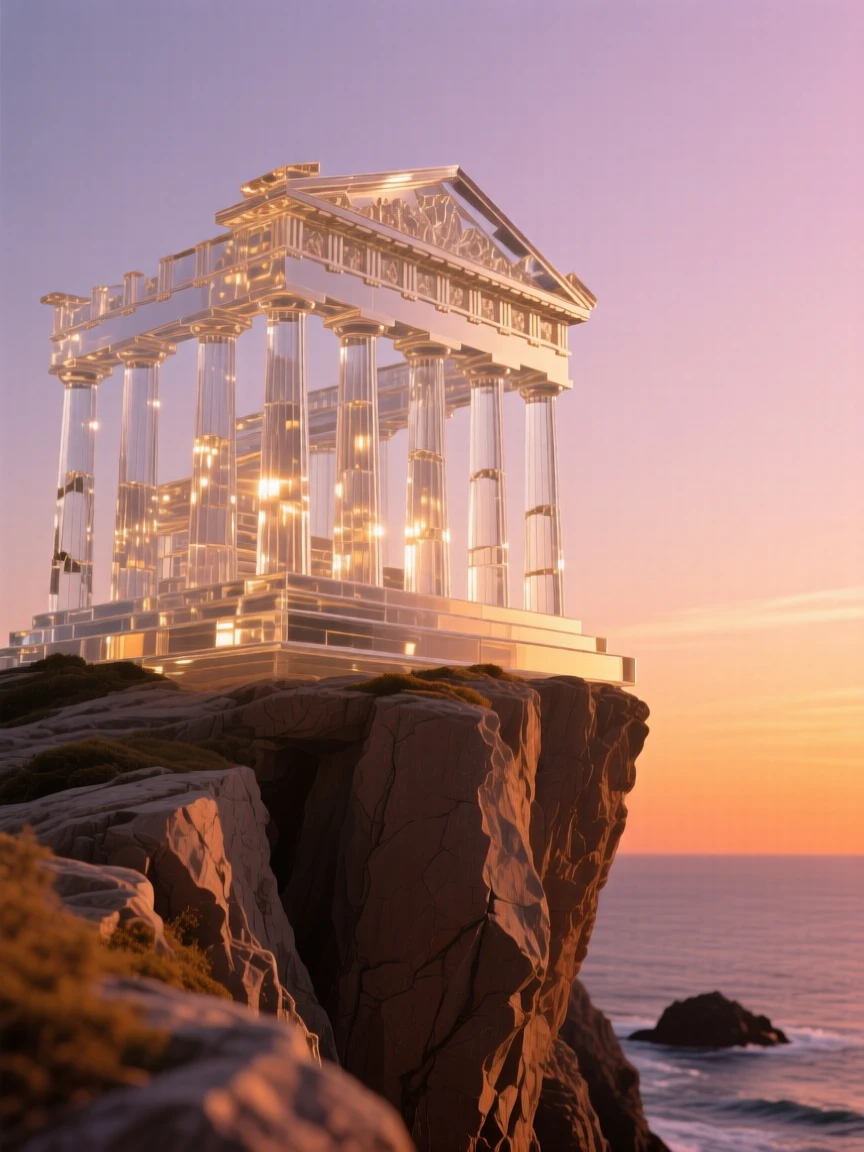 An ancient Greek temple on a cliff above the sea, viewed from a dramatic low angle under a vivid sunset sky, warm golden light highlighting every architectural detail, awe-inspiring and grand.