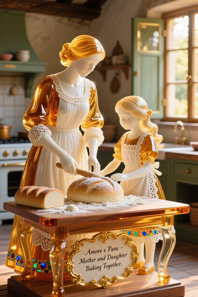 A mother and daughter baking bread together in a sunlit farmhouse kitchen, warm and homely.