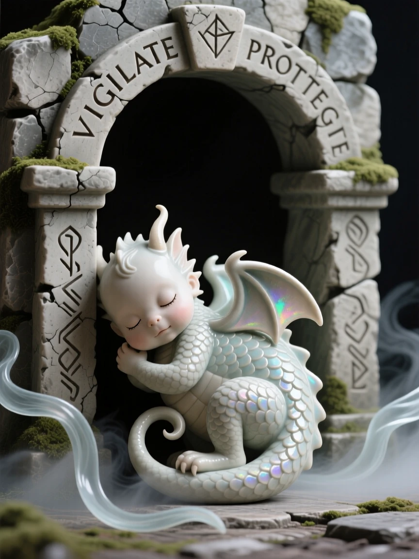 A sleeping baby dragon curled around its tail standing guard beside an ancient stone archway, wrapped in wisps of enchanted mist, stirring a sense of awe and quiet reverence.