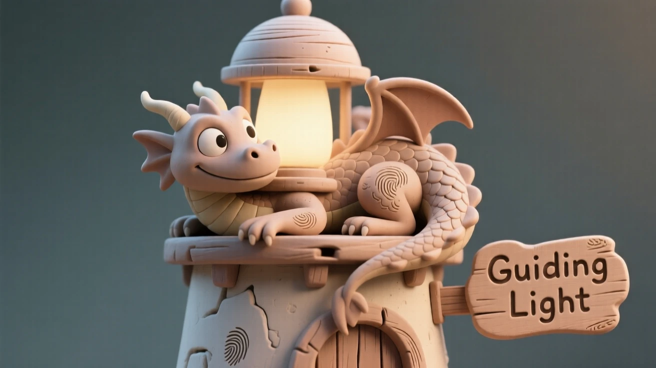 A dragon curled around a lighthouse lamp, guiding ships safely home