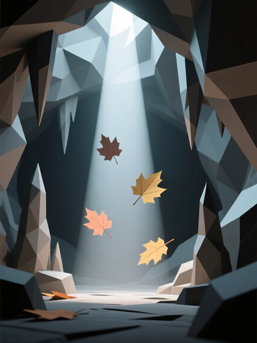 A hidden cave illuminated by a shaft of light, as autumn leaves drift through the air. fine atmospheric haze adds depth to the distance. The atmosphere is dramatic and powerful.