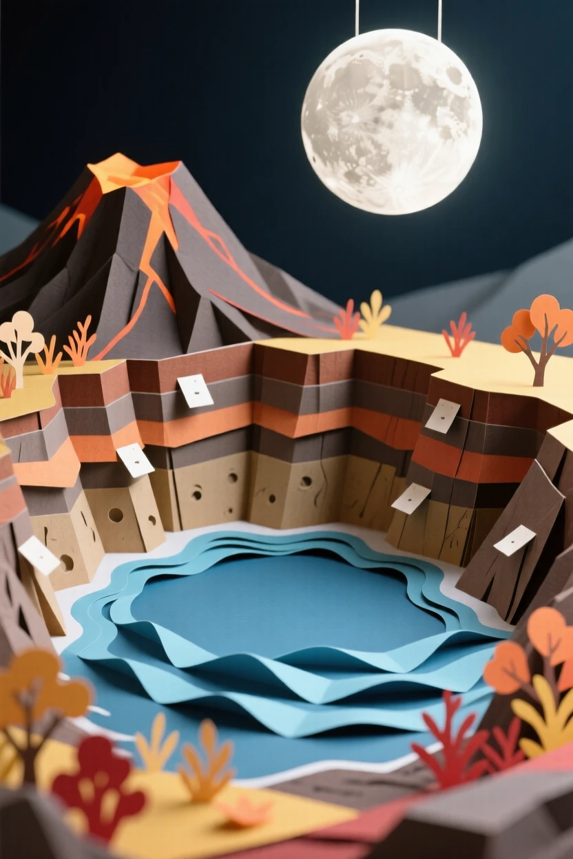 A volcanic crater lake surrounded by cliffs under a glowing full moon, with gentle waves lapping against the shoreline, capturing the fleeting beauty of the changing season.