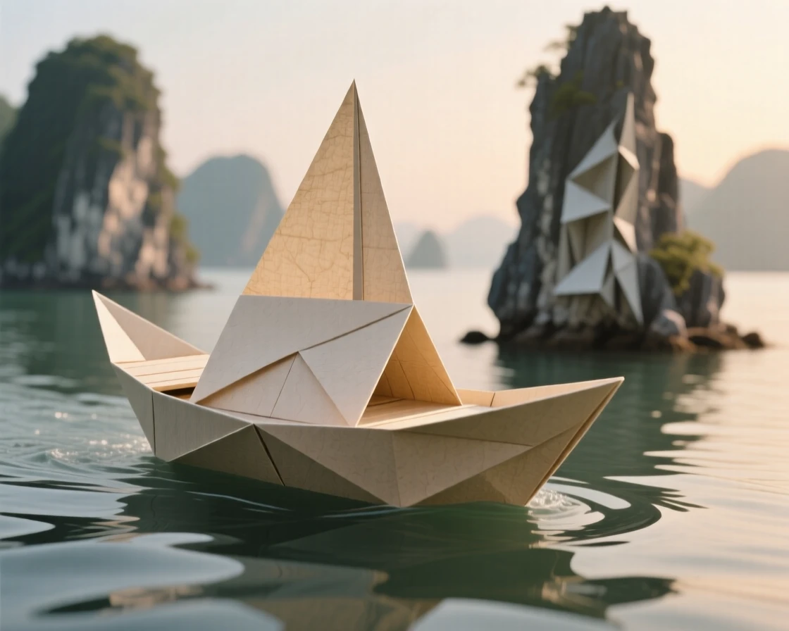 A traditional Vietnamese boat gliding through Ha Long Bay's limestone karsts at dawn.