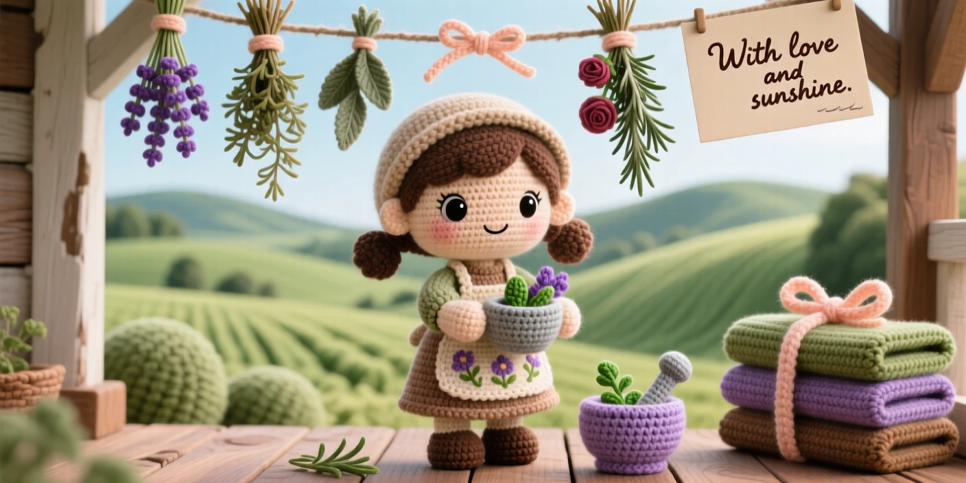 a little girl herbalist, with bundles of drying herbs overhead, grinding fragrant herbs in a small mortar, in a rustic farmhouse porch overlooking rolling fields, with a stack of handwritten letters tied with ribbon nearby, conveying cheerful industriousness and community spirit.