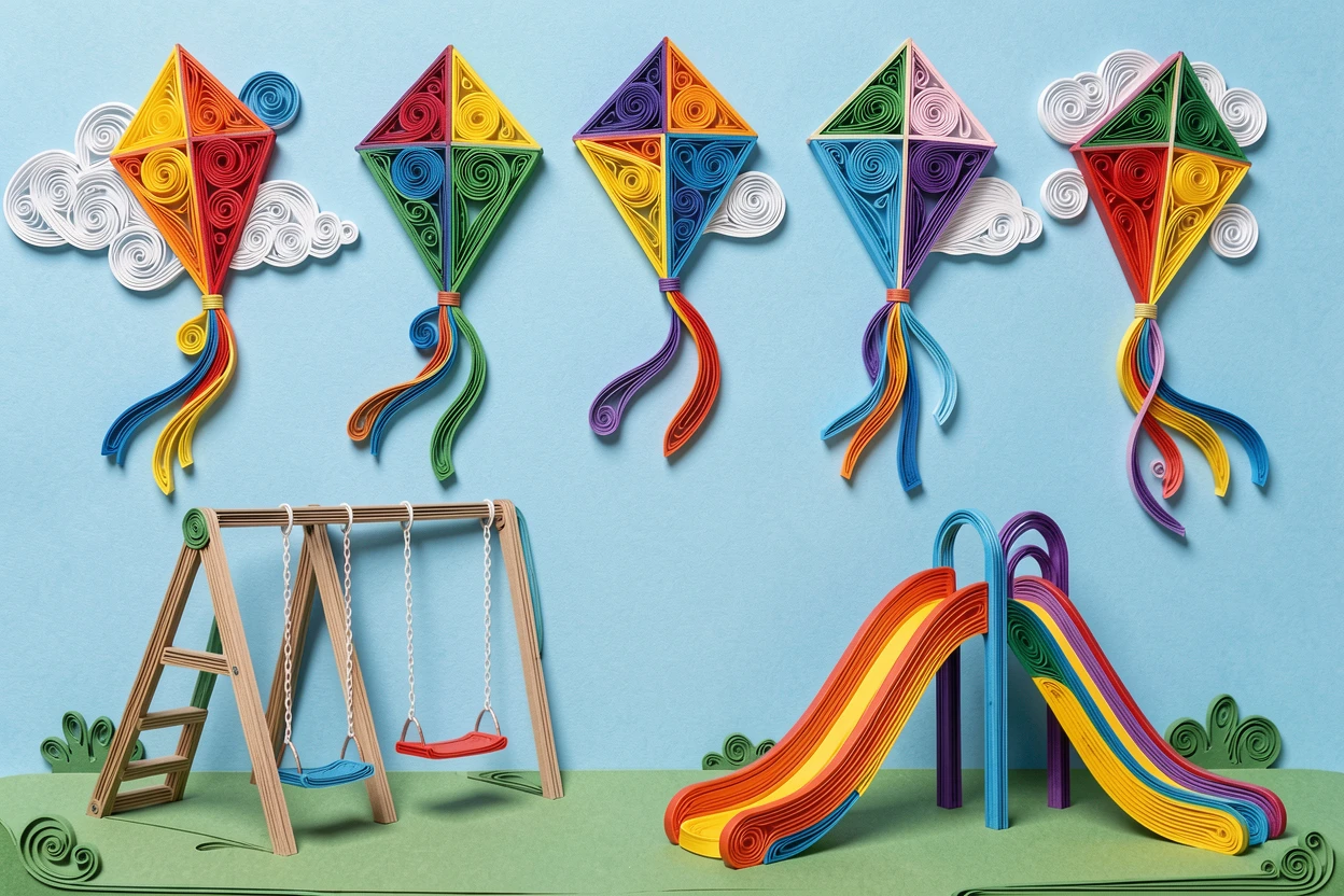 A whimsical children's scene of a row of colorful kites flying against a blue sky on a sunny playground with swings and slides, in a cheerful rainbow palette, arranged with bright cheerful symmetry.