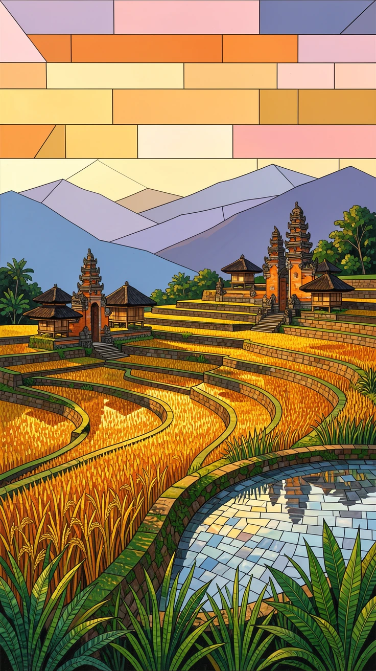 A breathtaking wide-angle view of a traditional Balinese rice terrace at golden hour, with rich warm lighting and fine architectural detail.
