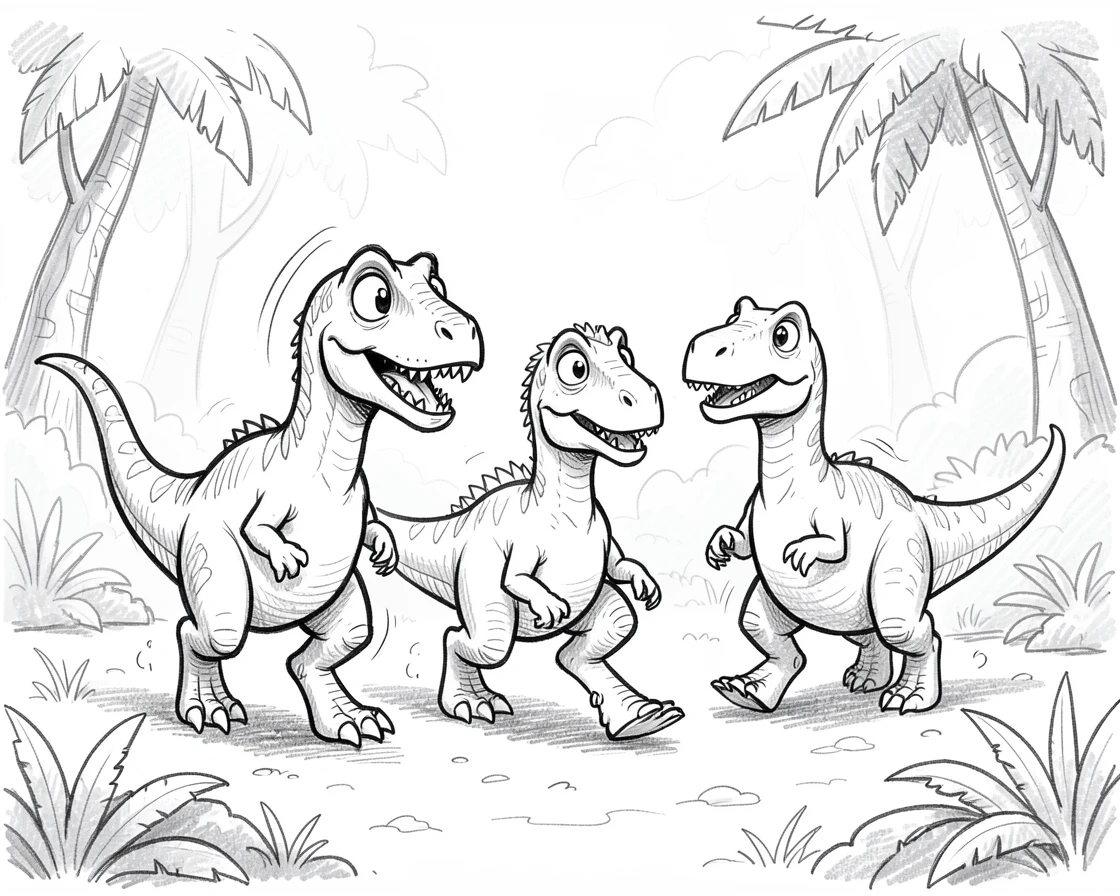 A dinosaur family walking together in a foggy prehistoric morning.