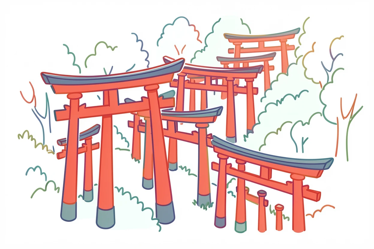 The bright red torii gates of Fushimi Inari winding up a forested hill.