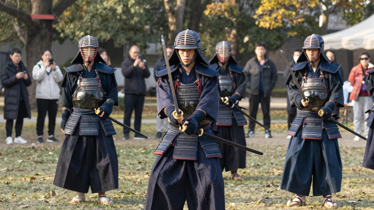 A group of samurai reenactors perform a slow, ceremonial sword drawing routine.