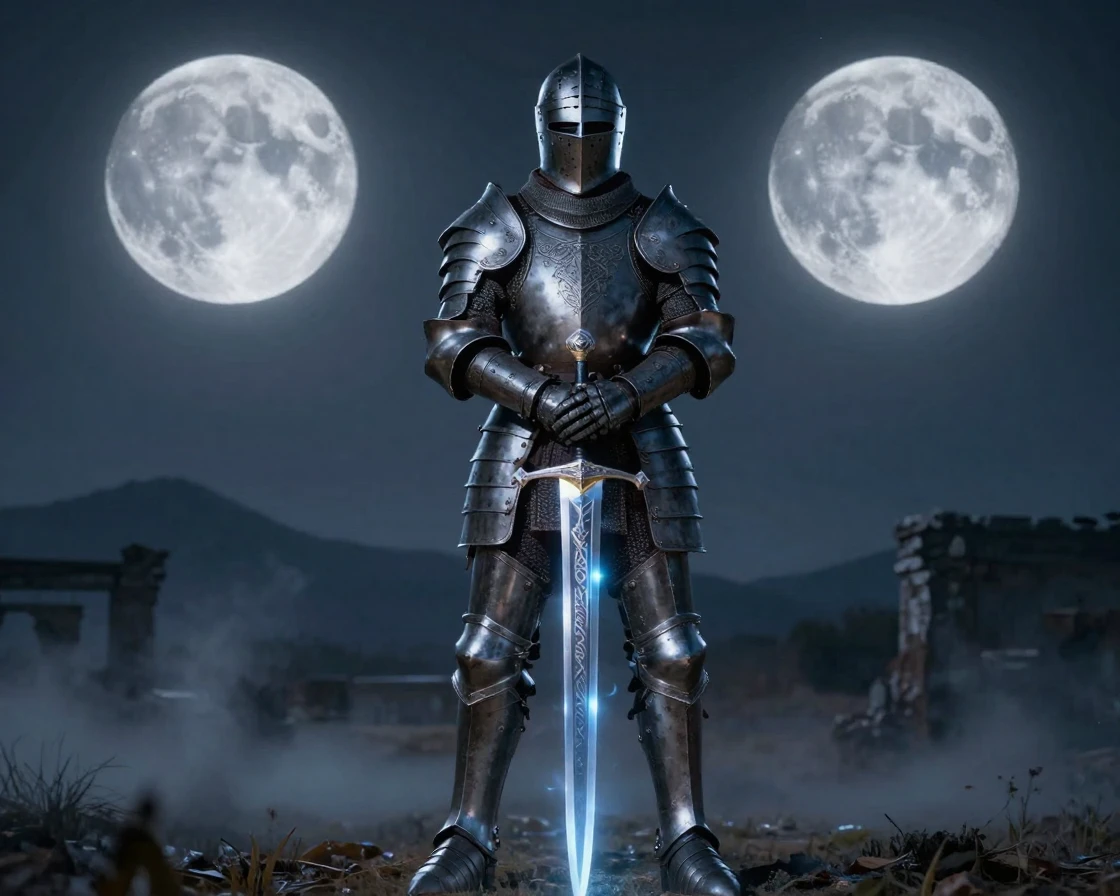 A knight bearing a glowing enchanted sword standing beneath a sky filled with twin moons