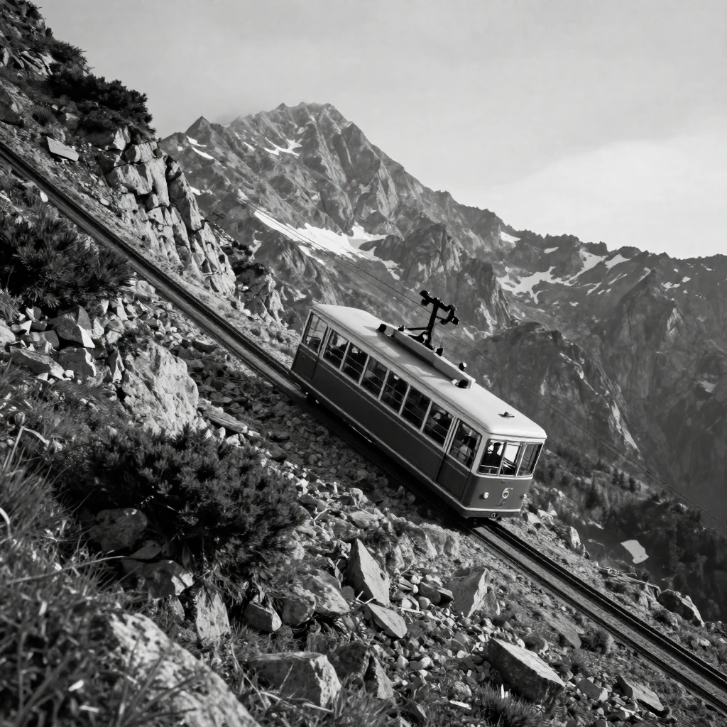 A cable car climbs steeply up a mountainside up a steep alpine slope.