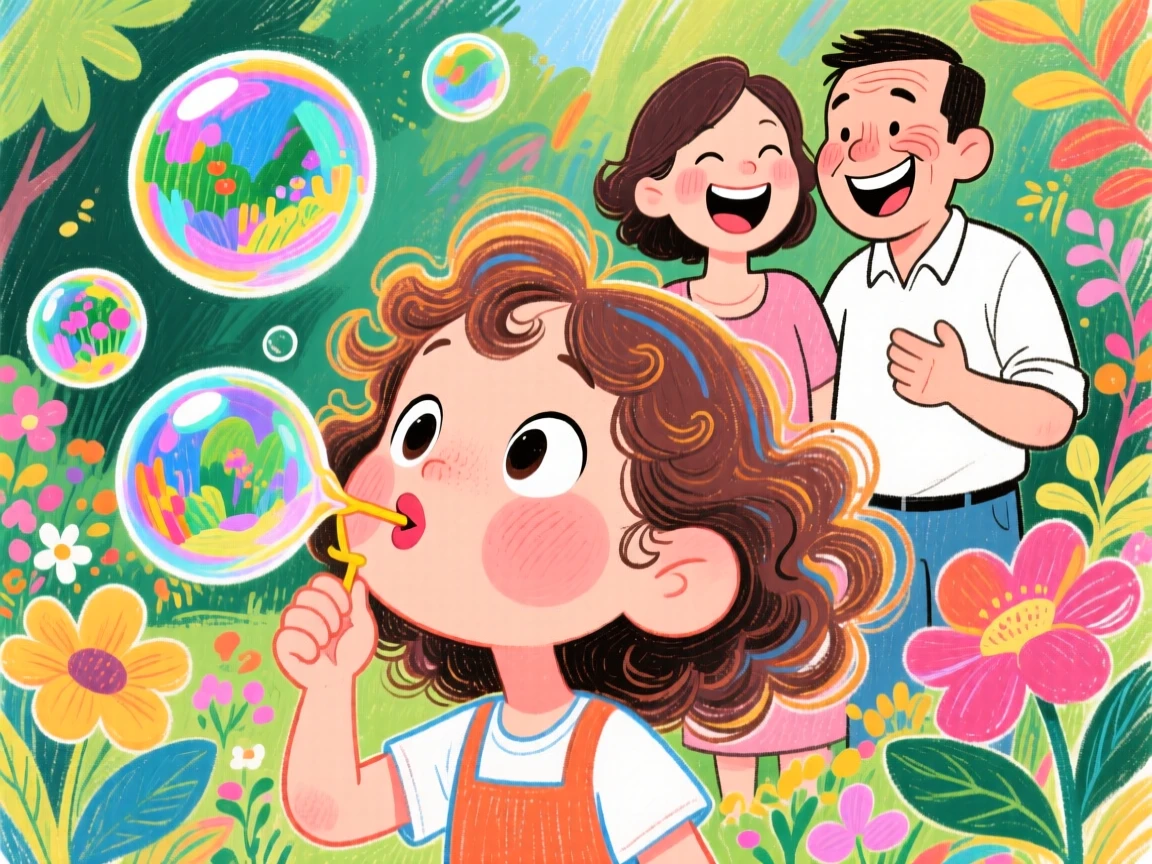 A young girl blowing bubbles in a garden while her parents watch and laugh.
