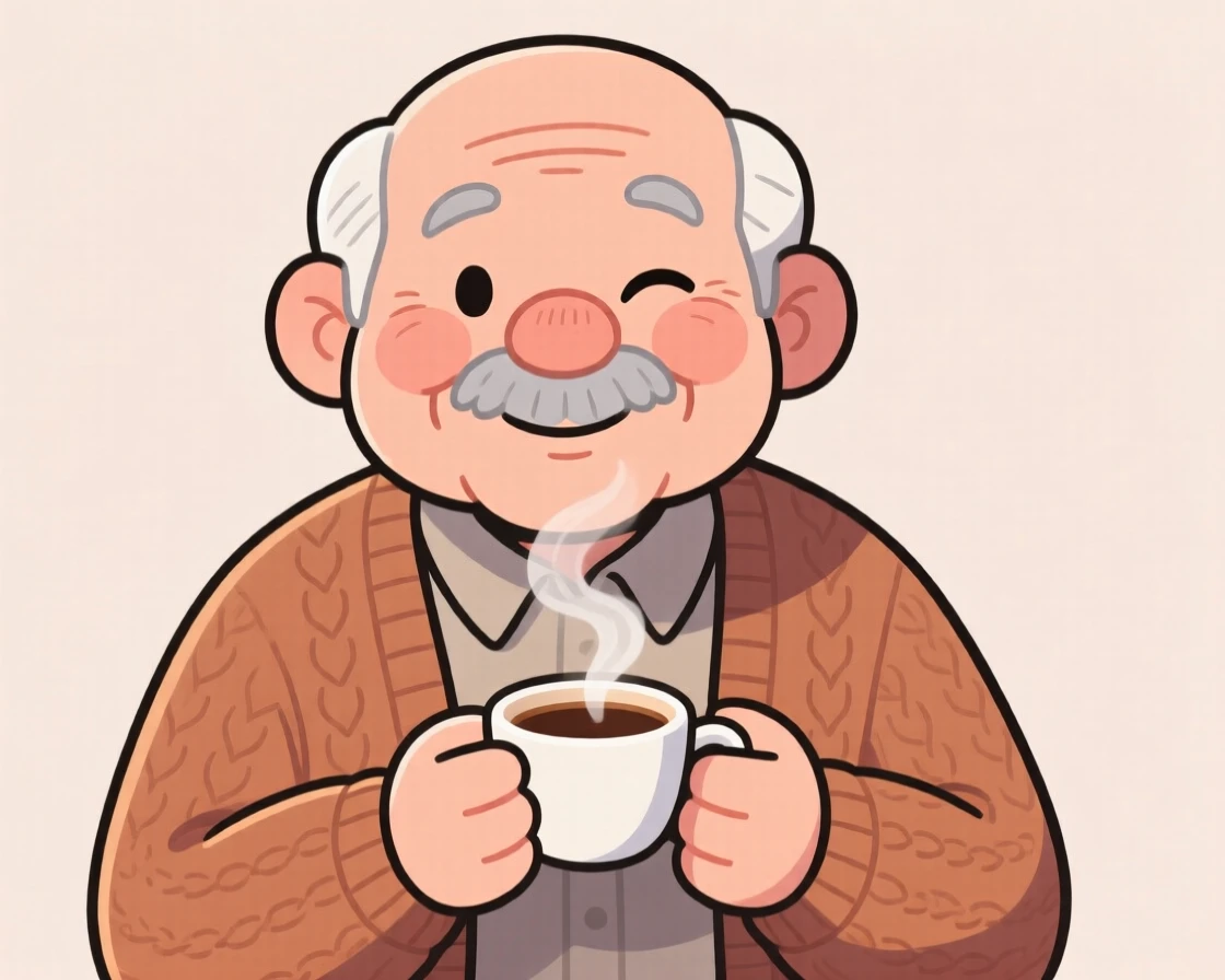 A charming portrait of a gentle grandfather, winking playfully at the viewer, holding a steaming cup of coffee.