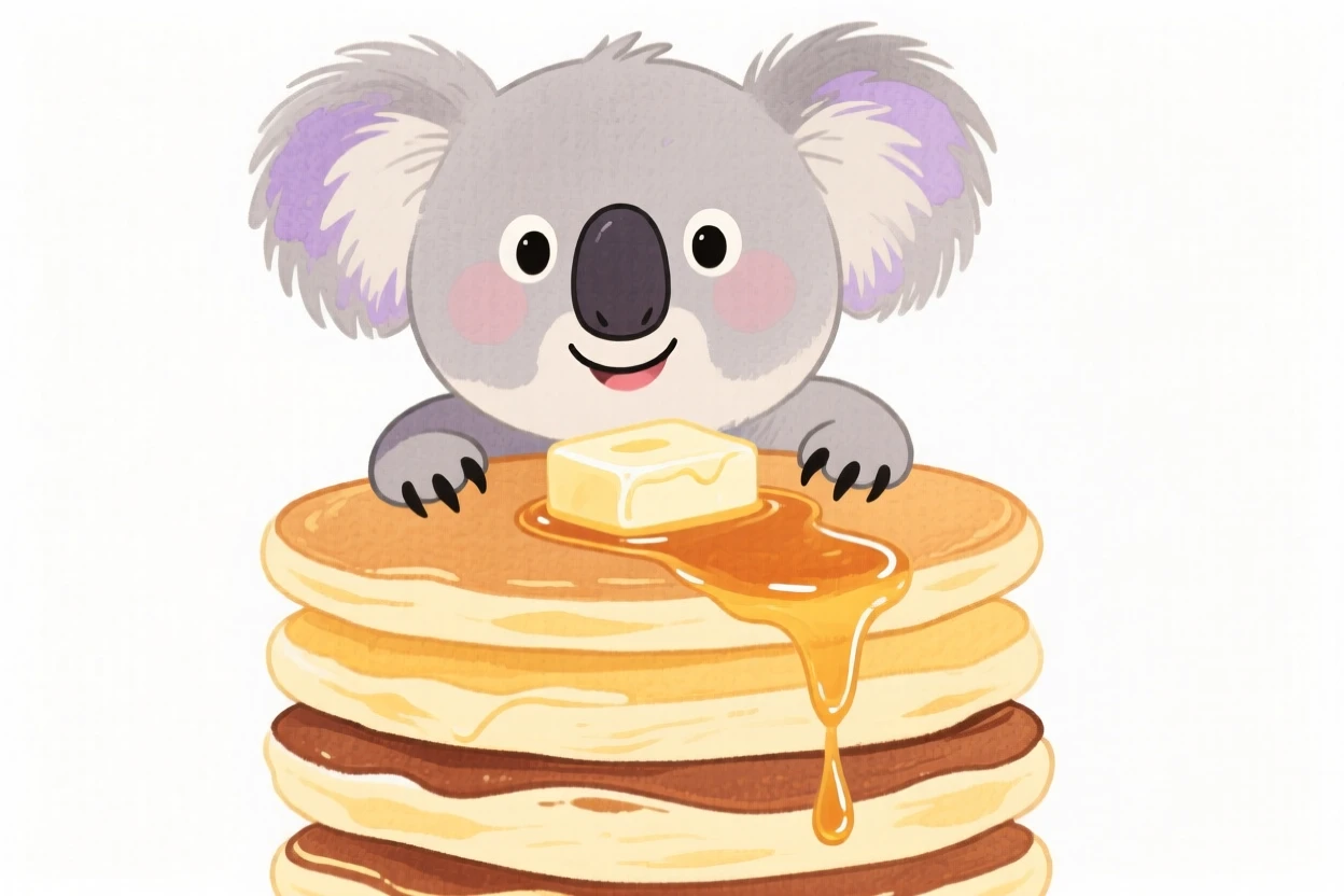 A koala cub perched on a stack of pancakes