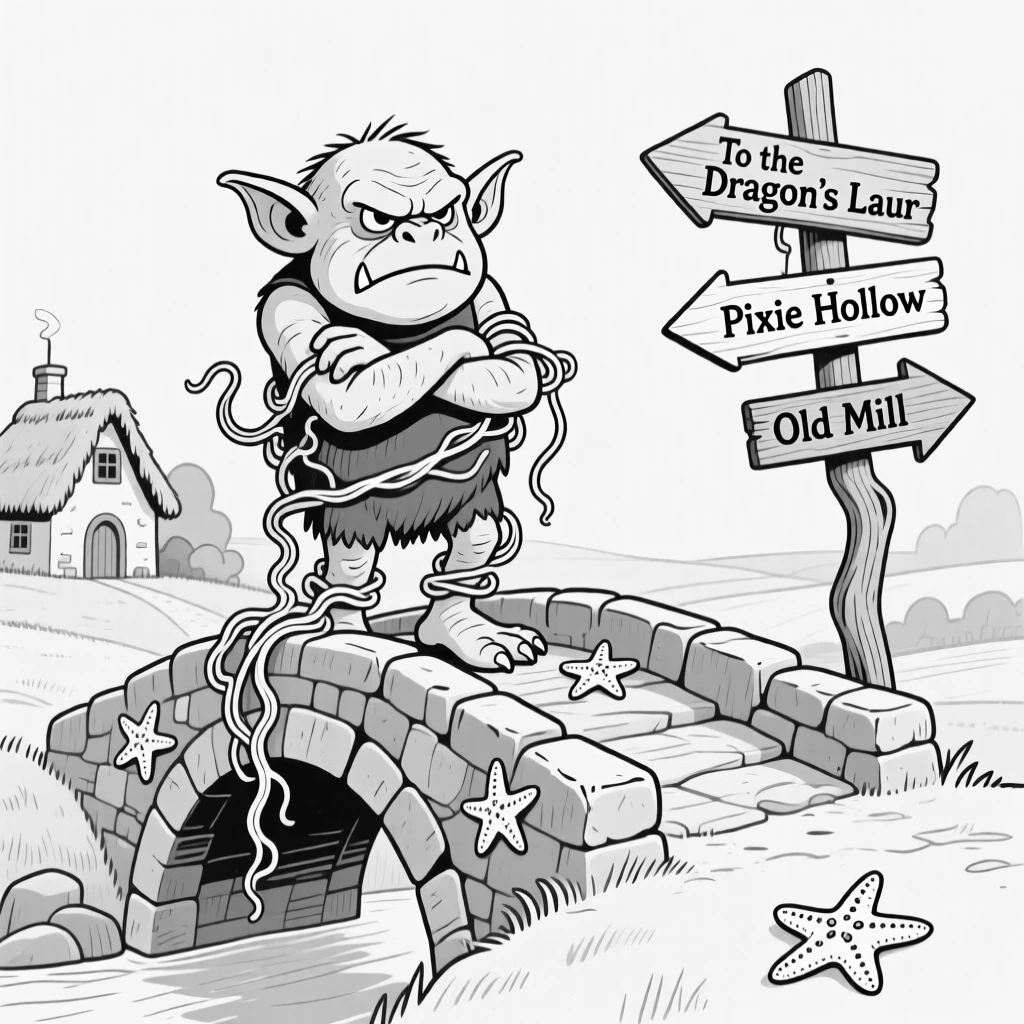 A grumpy troll guarding a bridge with folded arms, getting hopelessly knotted in kelp and starfish, set on the outskirts of a tiny thatched-roof village. A crooked signpost points in three different directions. The scene turns epic fantasy into pure charming comedy.