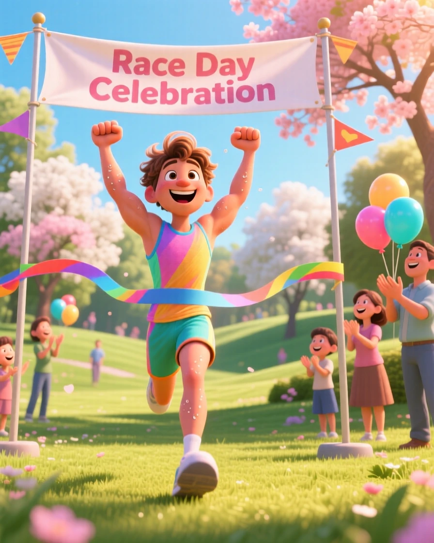 A runner crossing a finish line with arms raised unfolds in a sunlit park filled with blooming trees, with soft golden light framing the moment. Pure joy and warmth radiate from the scene.