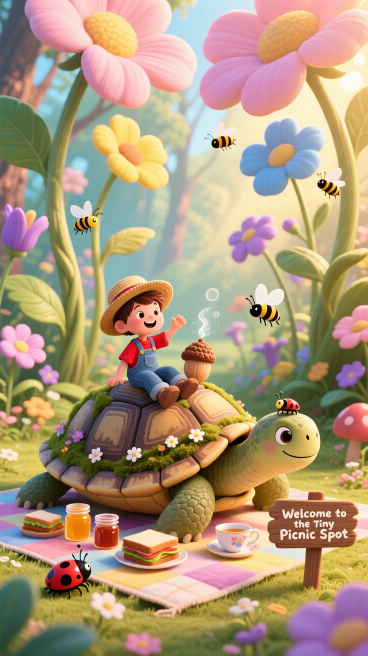 A boy who shrank to the size of an acorn is hosting a picnic on the back of a giant turtle in a garden where flowers grow taller than trees, with everything wrapped in a cozy, storybook charm.