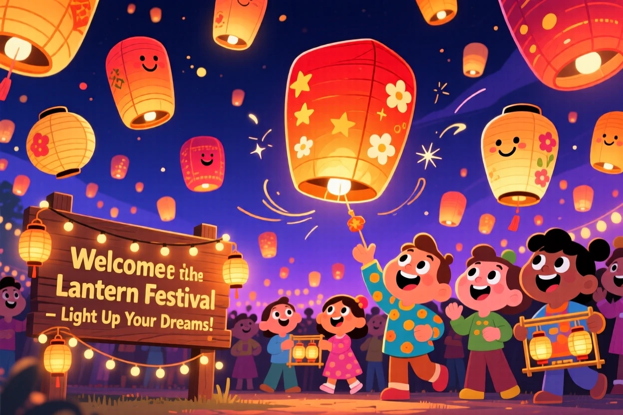 A lantern festival with hundreds of glowing lanterns released into the sky.