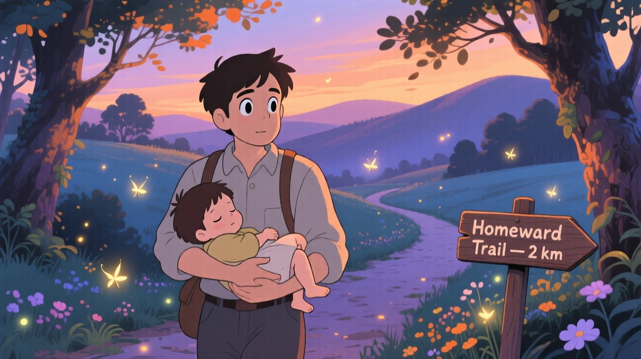 A father carrying his sleepy child home at dusk, the scene peacefully content.
