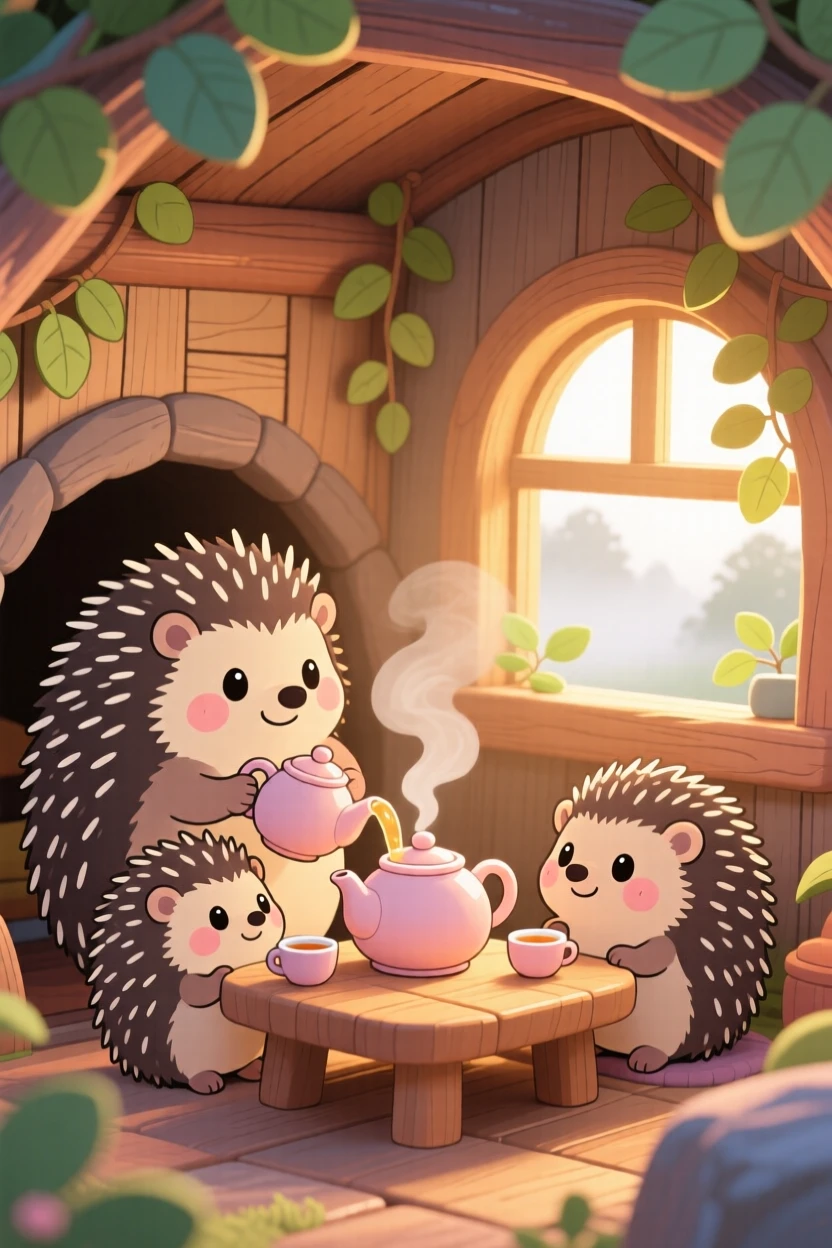 Three-quarter view of a family of hedgehogs, gathered around a warm teapot, in a snug burrow home, on a misty foggy morning, illuminated by warm morning light filtering through leaves, radiating warm affection.