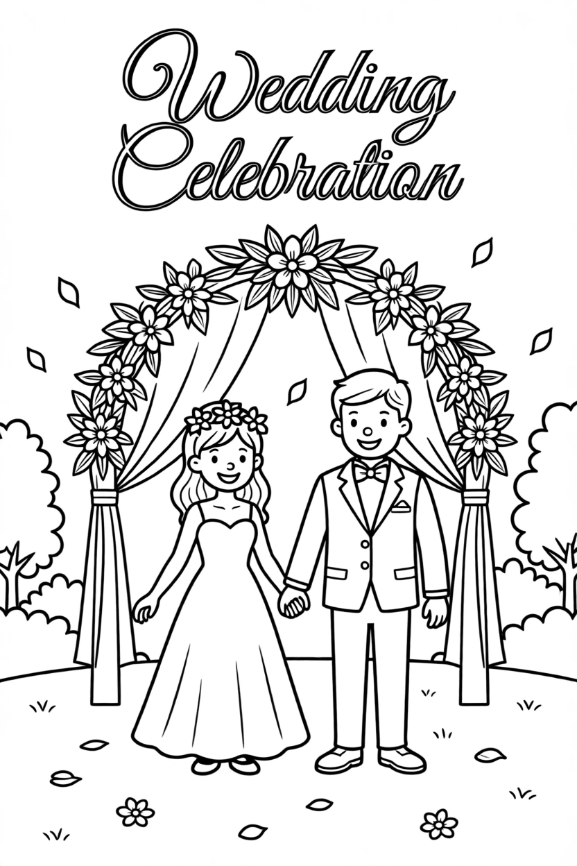 A wedding celebration with flower petals and a decorated arch