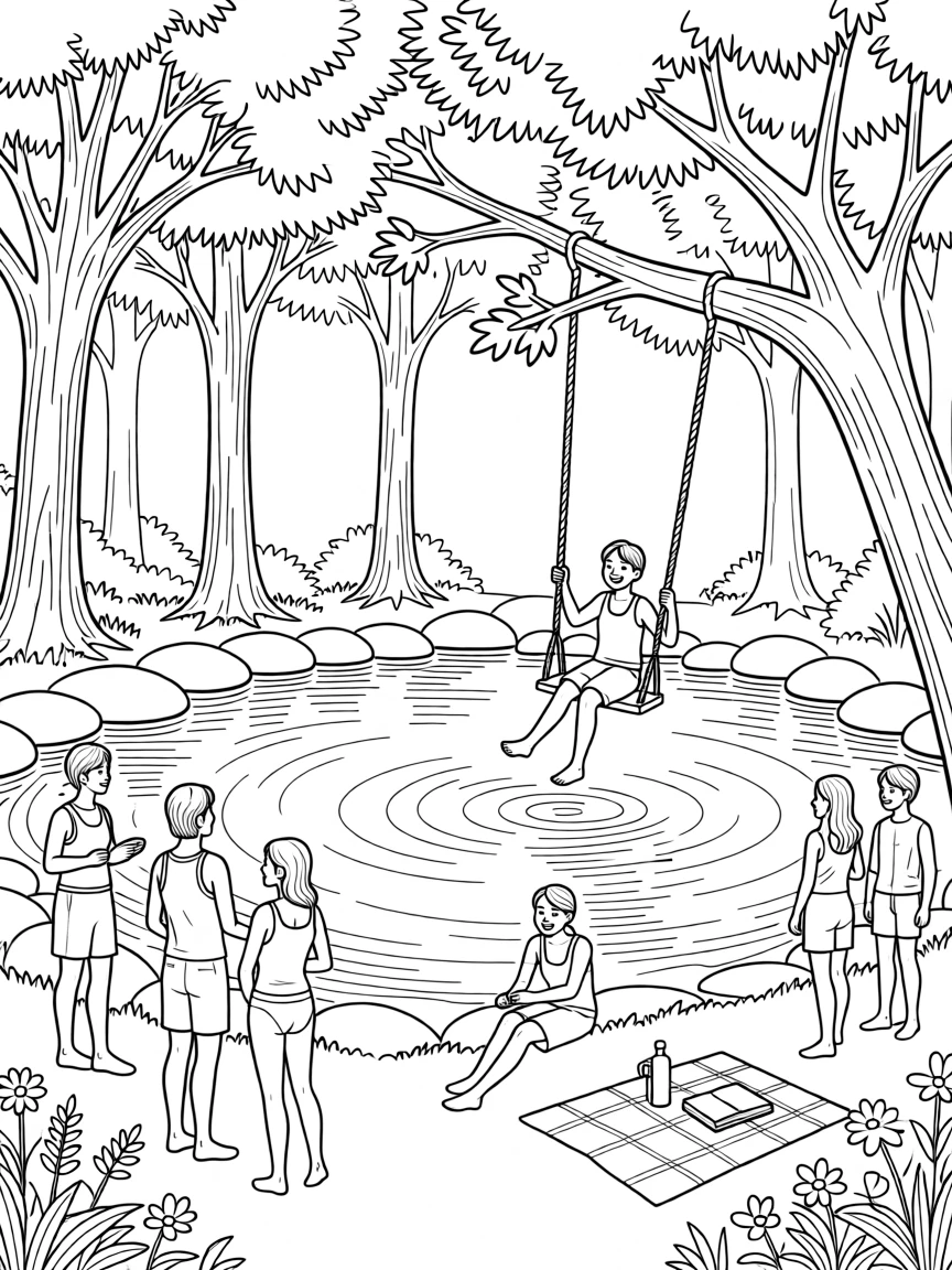 A rope swing over a swimming hole surrounded by trees, with reflections shimmering on the water's surface.