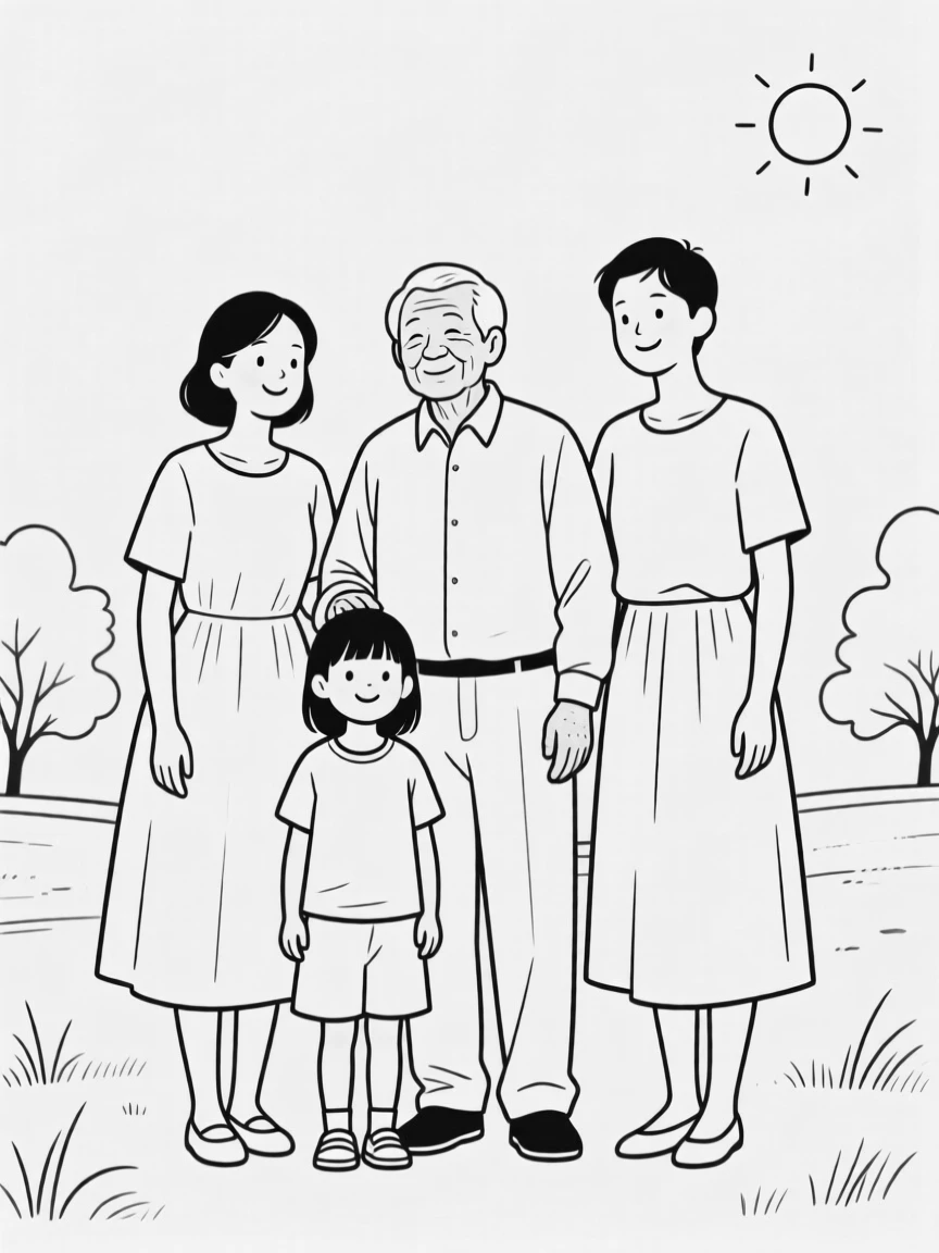 A multigenerational family posing for a portrait outdoors
