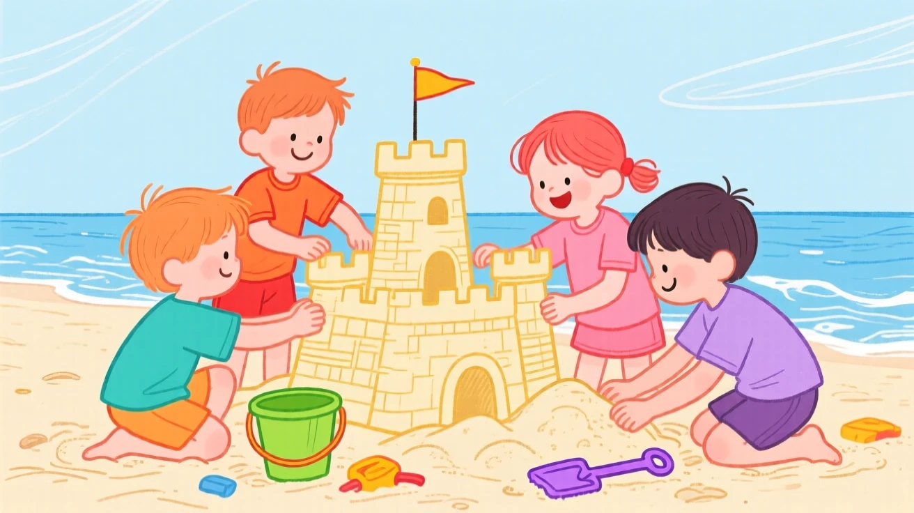 A group of children building a sandcastle on the beach.
