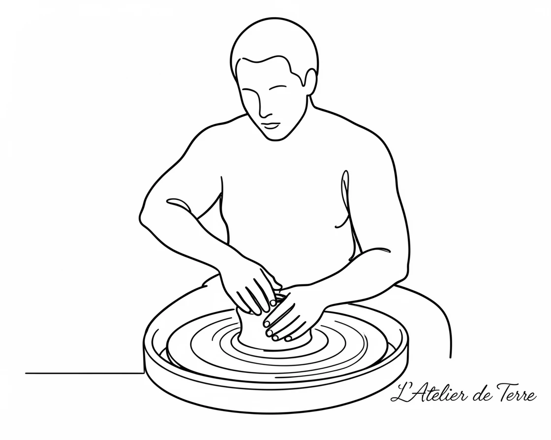 A potter shaping wet clay on a spinning pottery wheel