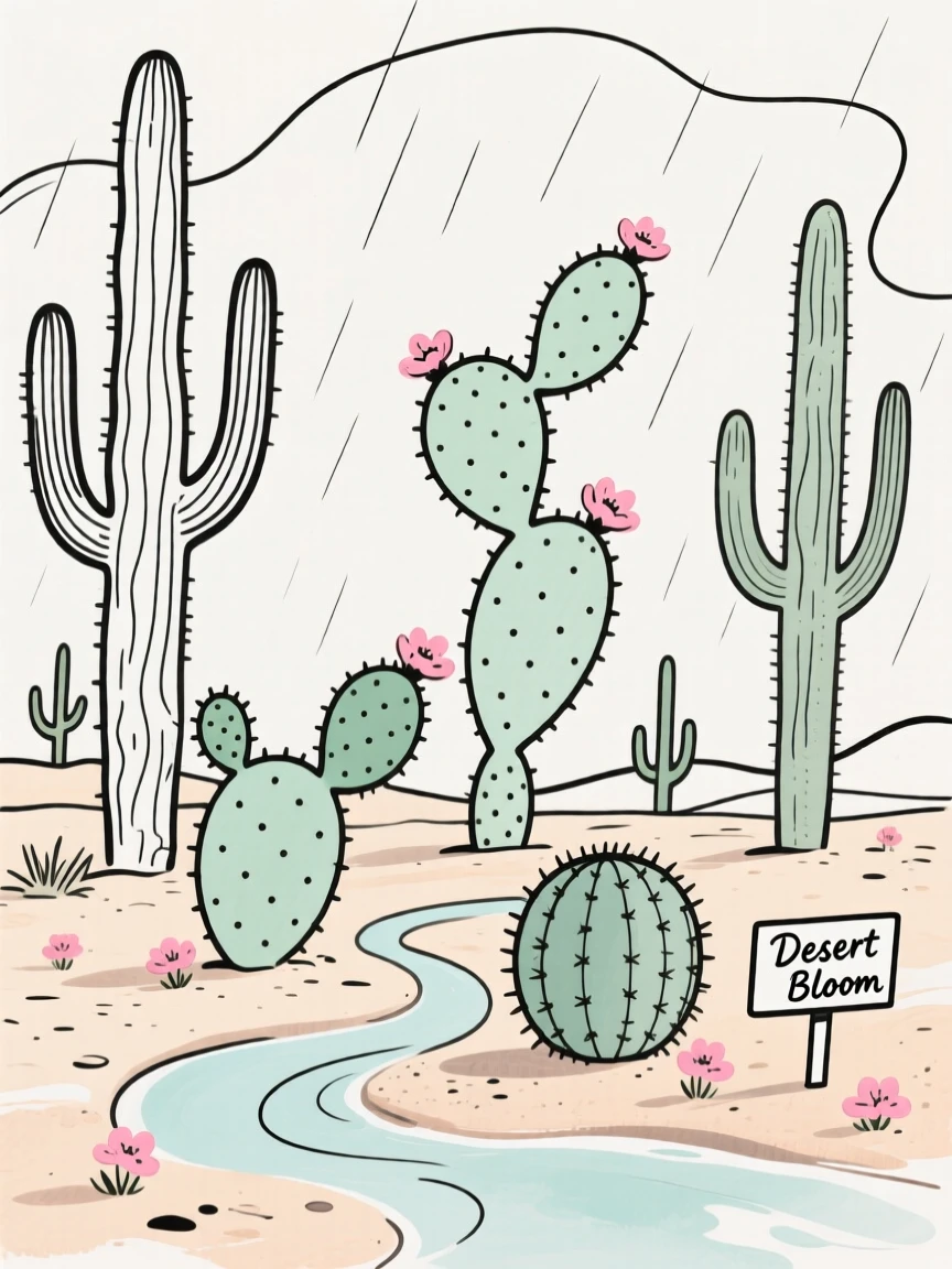 A desert blooming with cacti after rain