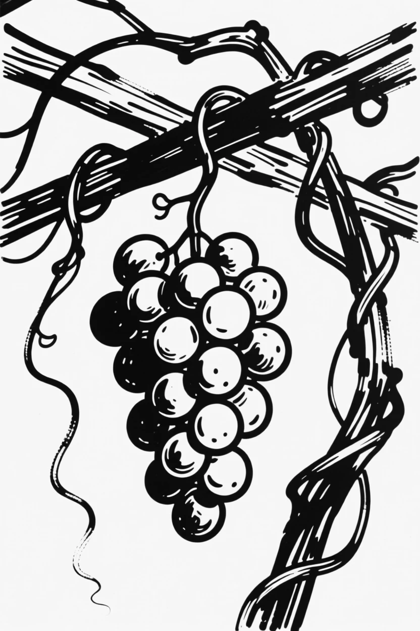 A vine of grapes hanging heavy on a sunlit trellis.