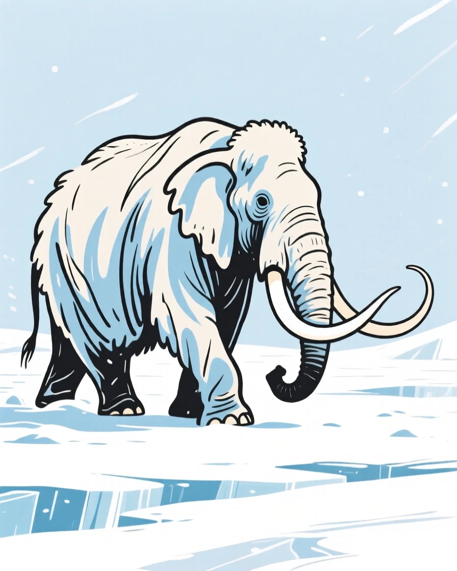A woolly mammoth trudging through a snowy ice age landscape.